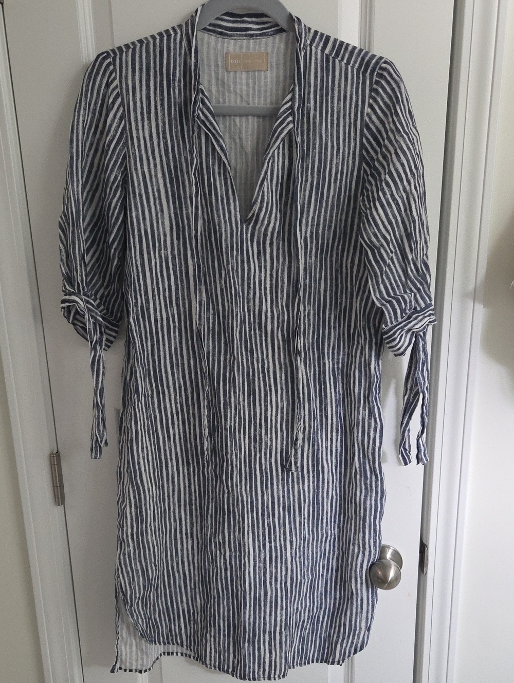 120% Lino Striped Navy and White Linen Tunic Dress